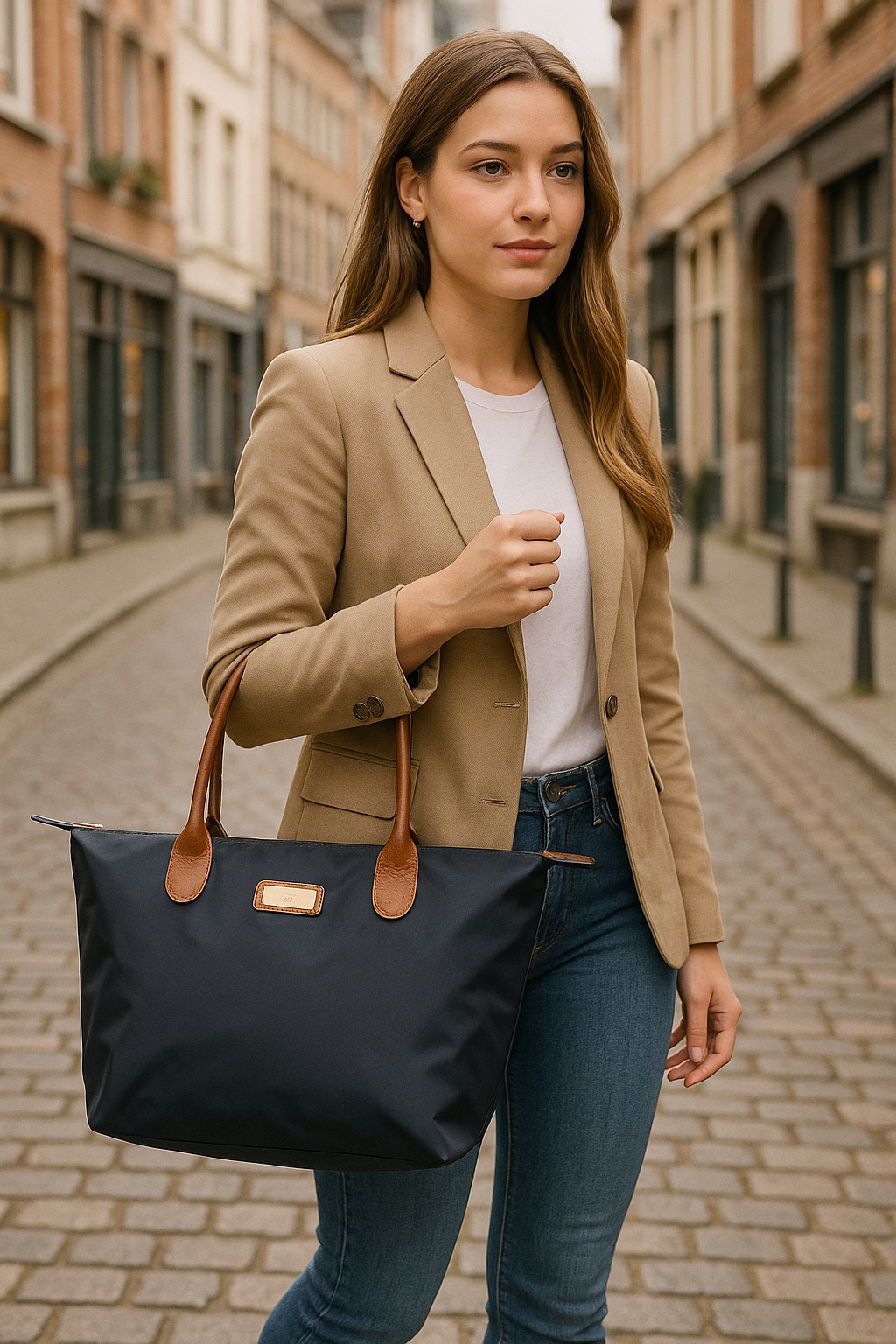 Een foto van een model dat de Gallantry La Balade handtas in het donkerblauw draagt in een Europese stad