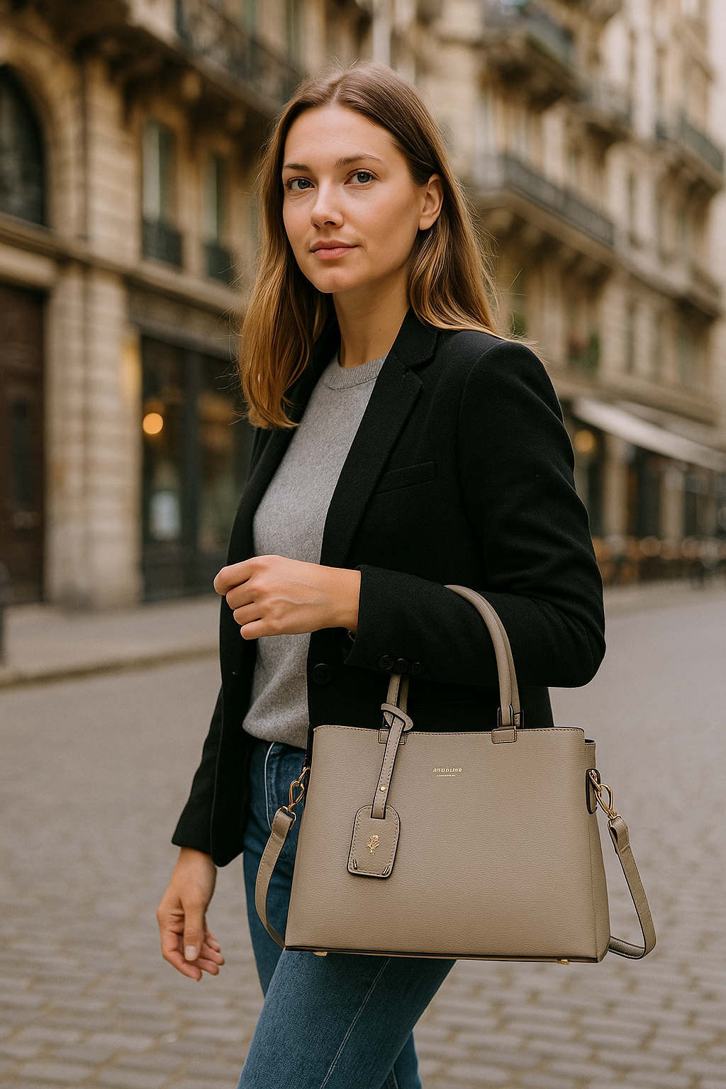 Een foto van een model dat een Gallantry La Sophia in de kleur Donkertaupe vast heeft 