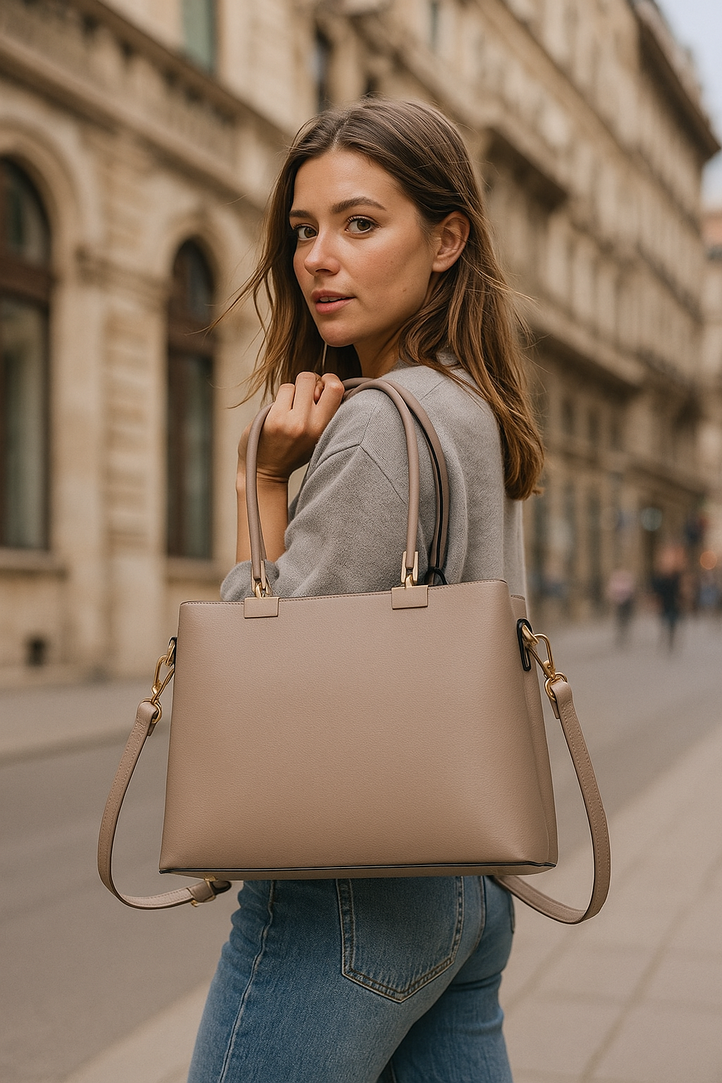 Een foto van een model in een Europese stad die de Gallantry La Sophia handtas draagt in de kleur Taupe