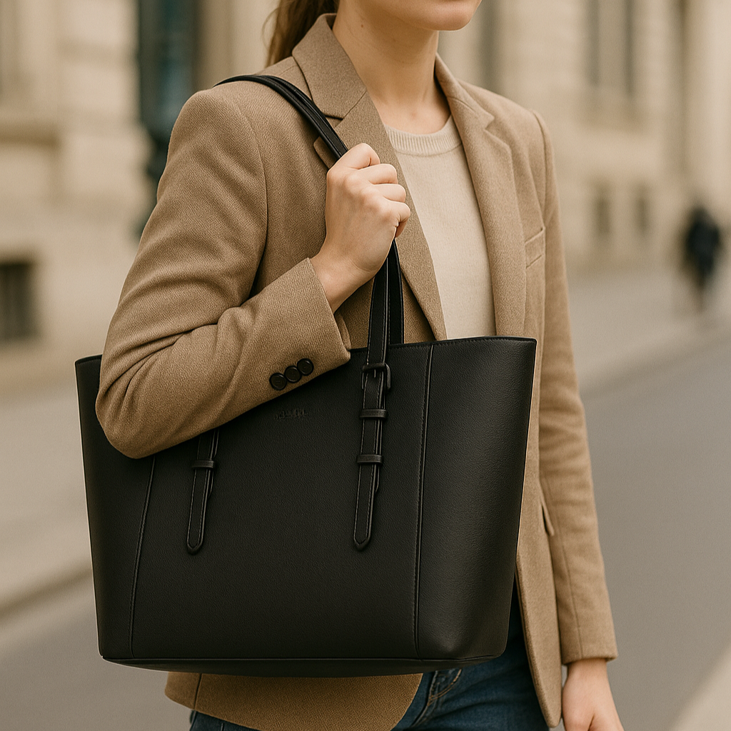 Een foto van een vrouw die een Gallantry Tote Bag draagt over haar schouder