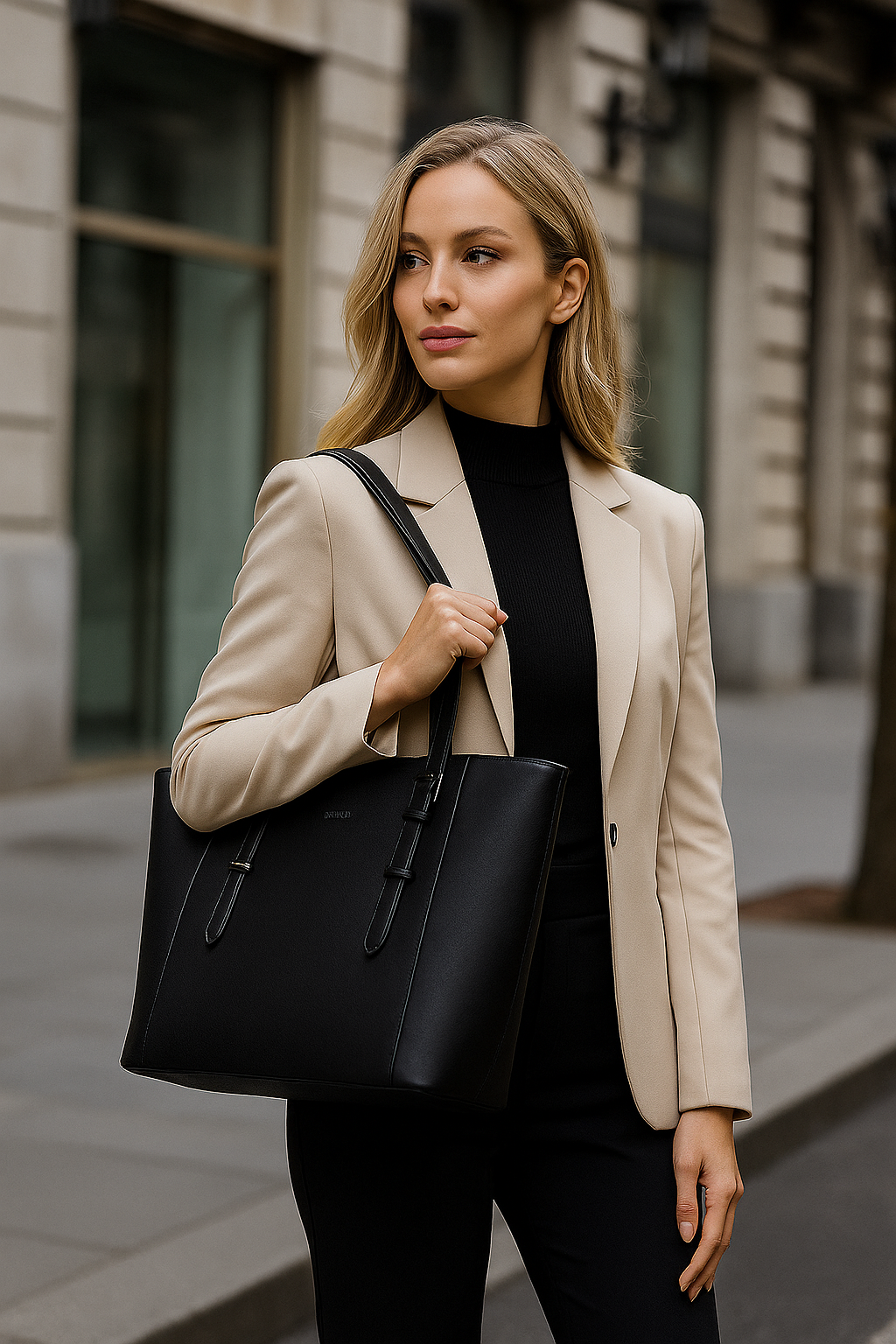 Een foto van een Europese vrouw die een Gallantry XL Shopper Tote Bag draagt in de stad. 